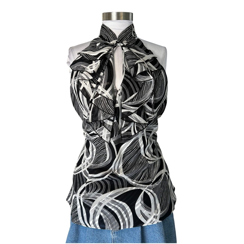 Vintage Cache Halter Top Large Black White Abstract Swirl Ruffle Keyhole Neck